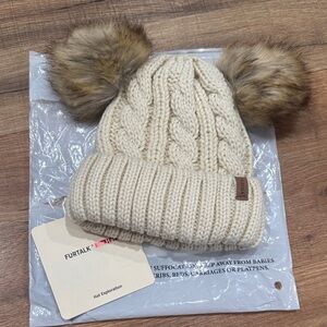 Cream Knit Pom-Pom Beanie for Kids